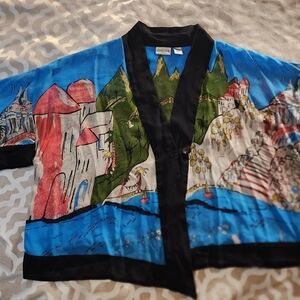 Artistic Silk Jacket, Novelty Travel Print Seaside Island, S-XL